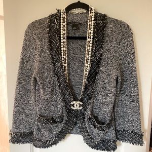 WHBM Black and White Tweed Knit Jacket with Fringe Trim - Size Small